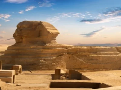 Sphinx and pyramid in the Egyptian desert