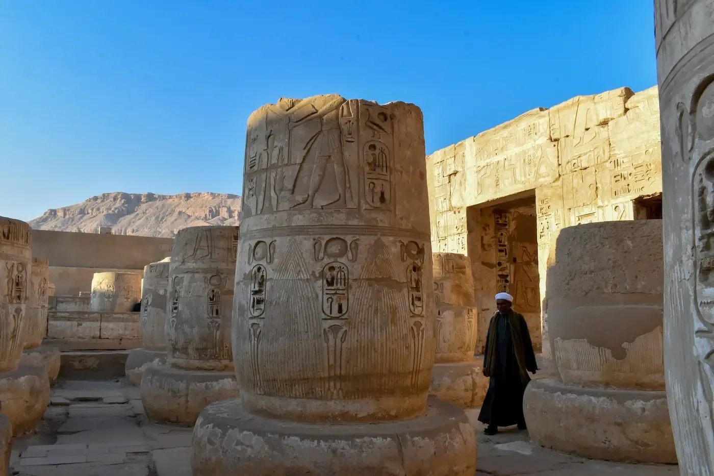 Habu Temple West Bank Luxor - colorful preserved columns
habu temple day trip