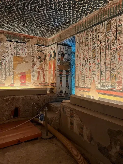 Hieroglyphic inscriptions and wall paintings inside Nefertari's tomb, Valley of the Queens tour