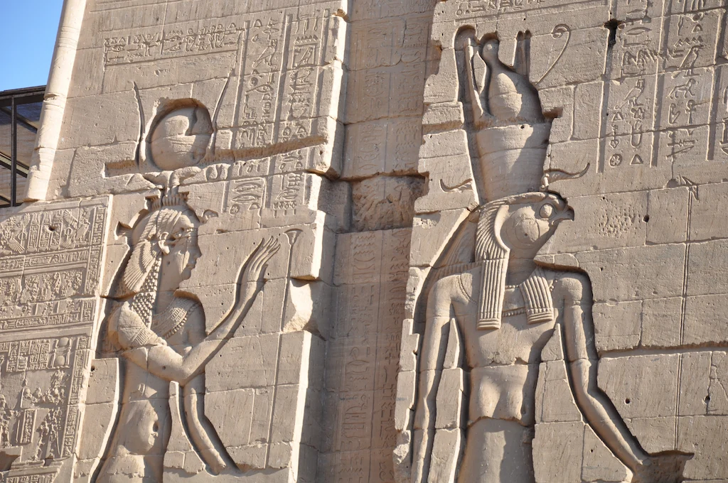 Philae Temple Isis Horus falcon relief hieroglyphics carvings pylon Aswan Egypt
