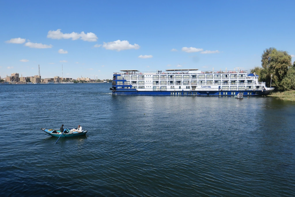 Luxury Nile cruise ship sailing the river, a popular accommodation choice for luxury Egypt tours