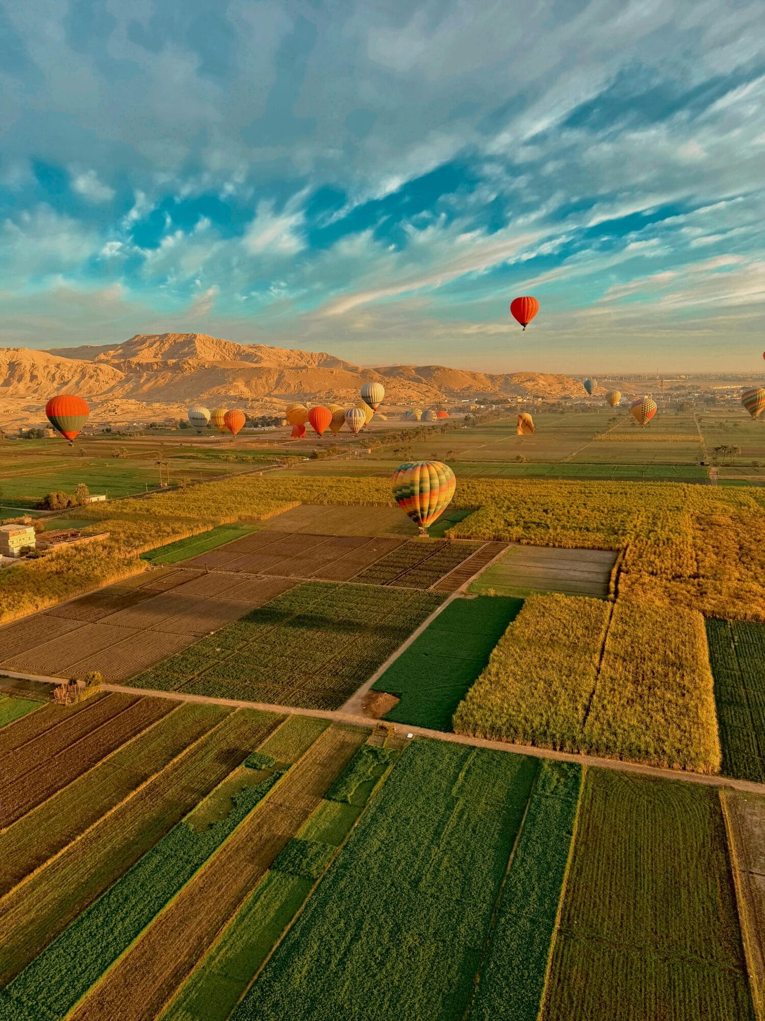 Passengers enjoying Luxor hot air balloon basket sunrise views of ancient temples