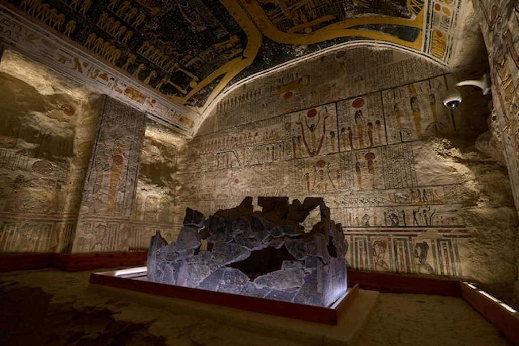 Broken sarcophagus and astronomical ceiling inside the tomb of Ramses V & VI
