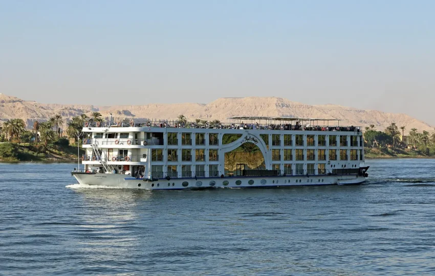 A five-star Nile cruise ship on the river between Aswan and Luxor