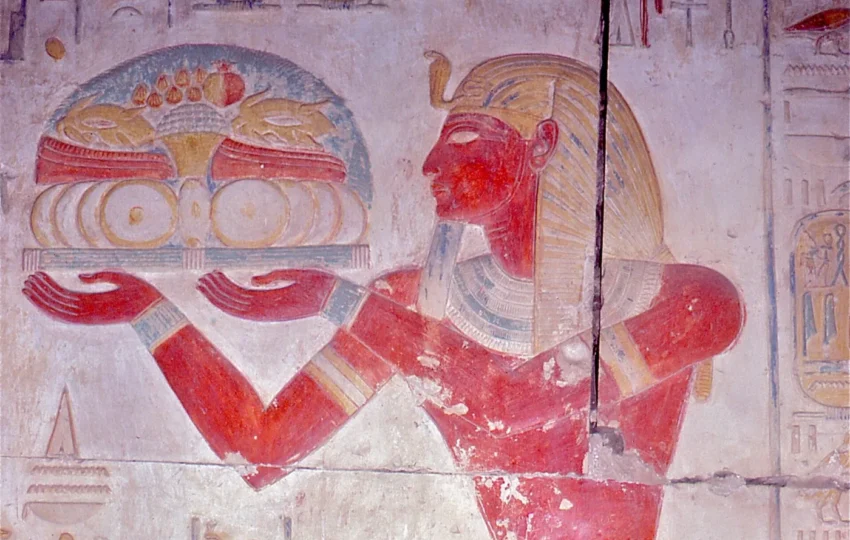 A painted relief of Seti I offering to the gods at Abydos