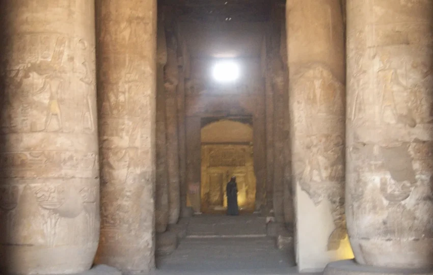 Columns and roofed halls inside the Temple of Seti I at Abydos