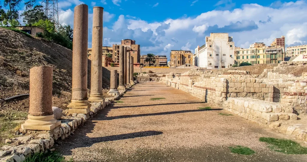 Who Was the Last Pharaoh of Egypt? Ancient Greco-Roman ruined columns in Alexandria, the city Cleopatra ruled Egypt from as its last pharaoh