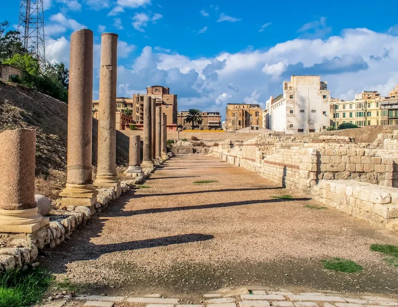 Who Was the Last Pharaoh of Egypt? Ancient Greco-Roman ruined columns in Alexandria, the city Cleopatra ruled Egypt from as its last pharaoh