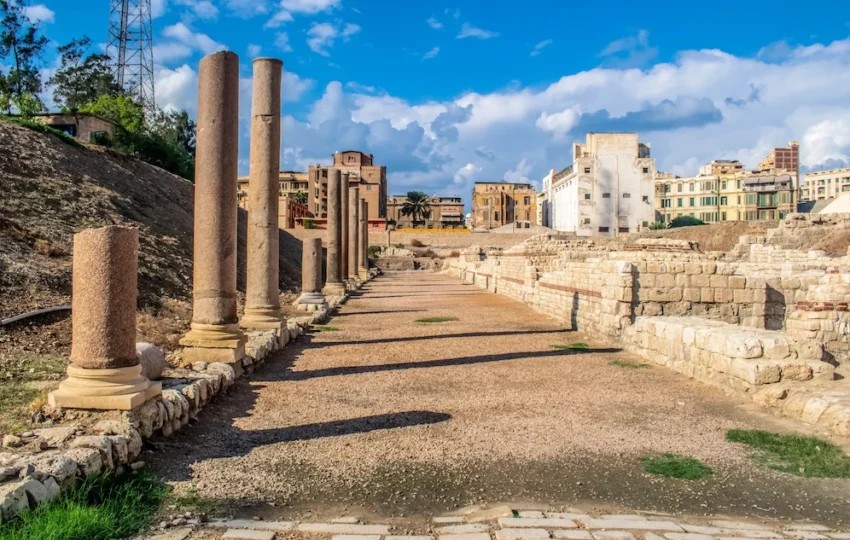 Who Was the Last Pharaoh of Egypt? Ancient Greco-Roman ruined columns in Alexandria, the city Cleopatra ruled Egypt from as its last pharaoh