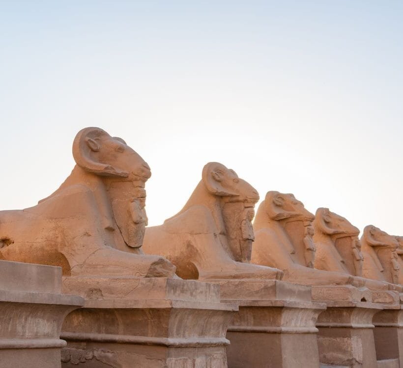 Ram-headed sphinx avenue at Karnak, ancient capital of Egypt at sunset