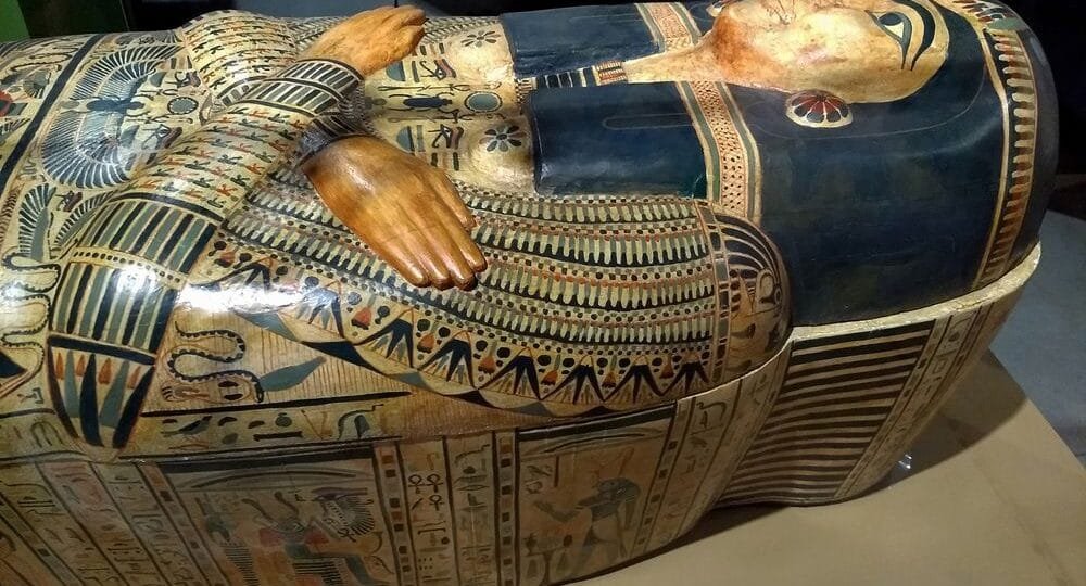 Ancient Egyptian coffins & sarcophagi featuring painted hieroglyphic coffin detail