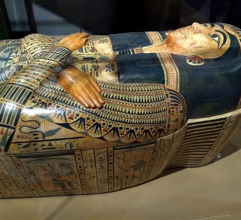Ancient Egyptian coffins & sarcophagi featuring painted hieroglyphic coffin detail