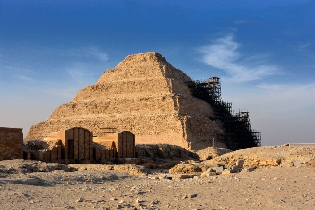 Step Pyramid of Djoser at Saqqara linked to ancient Egyptian coffins & sarcophagi burial sites