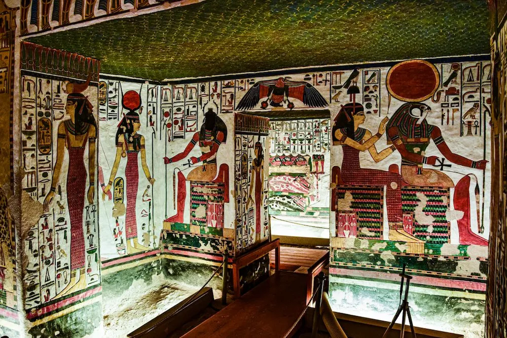 Colorful ancient Egyptian tomb mural depicting gods, similar to galleries still being excavated at Saqqara - egypt wizard doctor tomb saqqara
