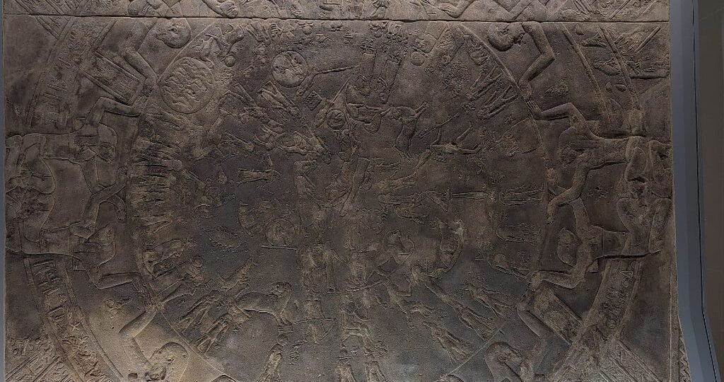 Ancient Egyptian Dendera zodiac, the round sky map ceiling now displayed in the Louvre, with its inner zodiac ring and outer ring of decans
