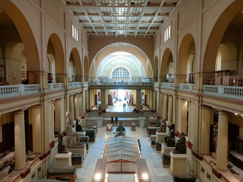 What Is an Egyptian Sarcophagus? Grand interior hall of the Egyptian Museum in Cairo displaying ancient artifacts