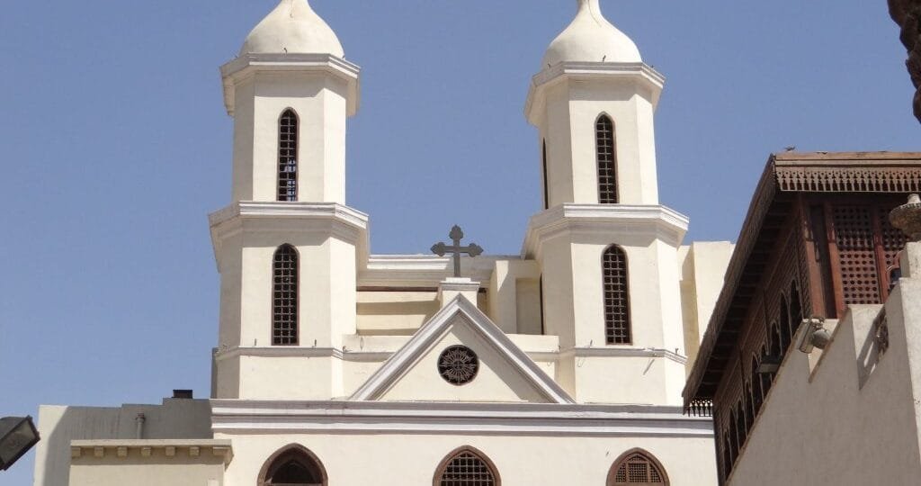 The Hanging Church Egypt facade with twin bell towers in Old Cairo