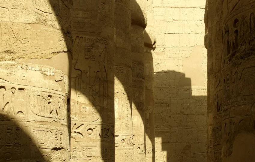 Sunlight on the carved columns of Karnak Temple on Luxor's east bank