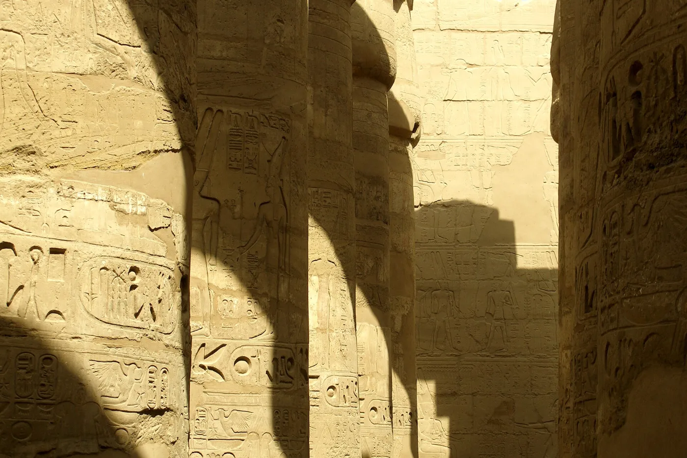 Sunlight on the carved columns of Karnak Temple on Luxor’s east bank