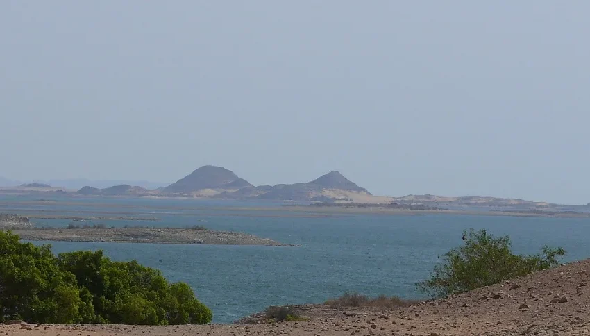 Lake Nasser stretching south from the temple terrace at Abu Simbel