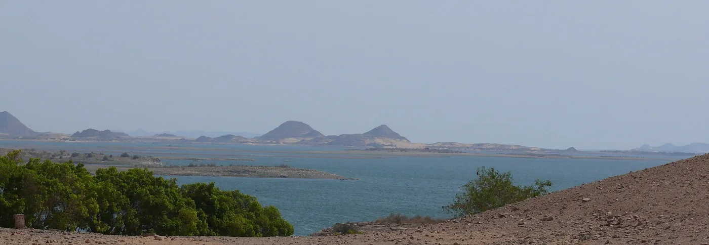 Lake Nasser stretching south from the temple terrace at Abu Simbel