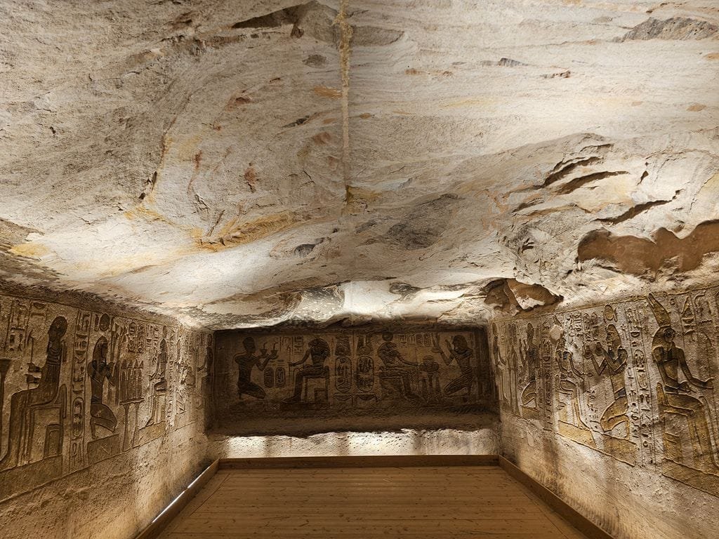 Restoration work inside the Tomb of Queen Nefertari showing faded hieroglyphics