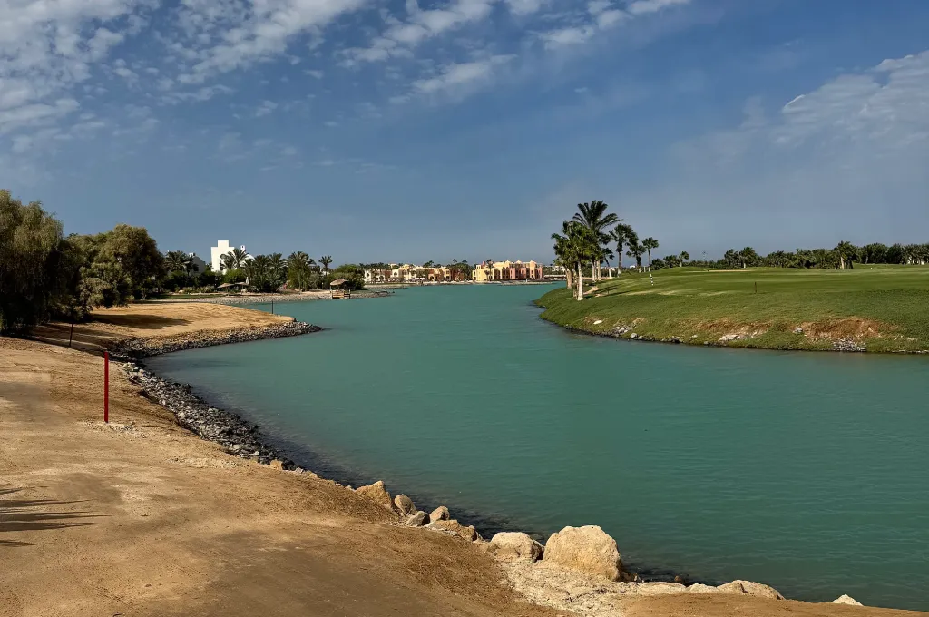El Gouna lagoon shoreline and green course on the Red Sea coast