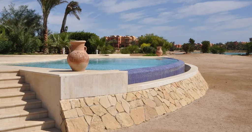 Resort pool and fountain at El Gouna in warm winter sun
