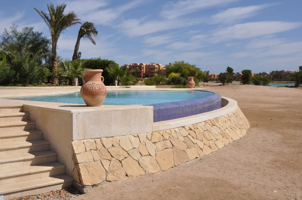 Resort pool and fountain at El Gouna in warm winter sun
