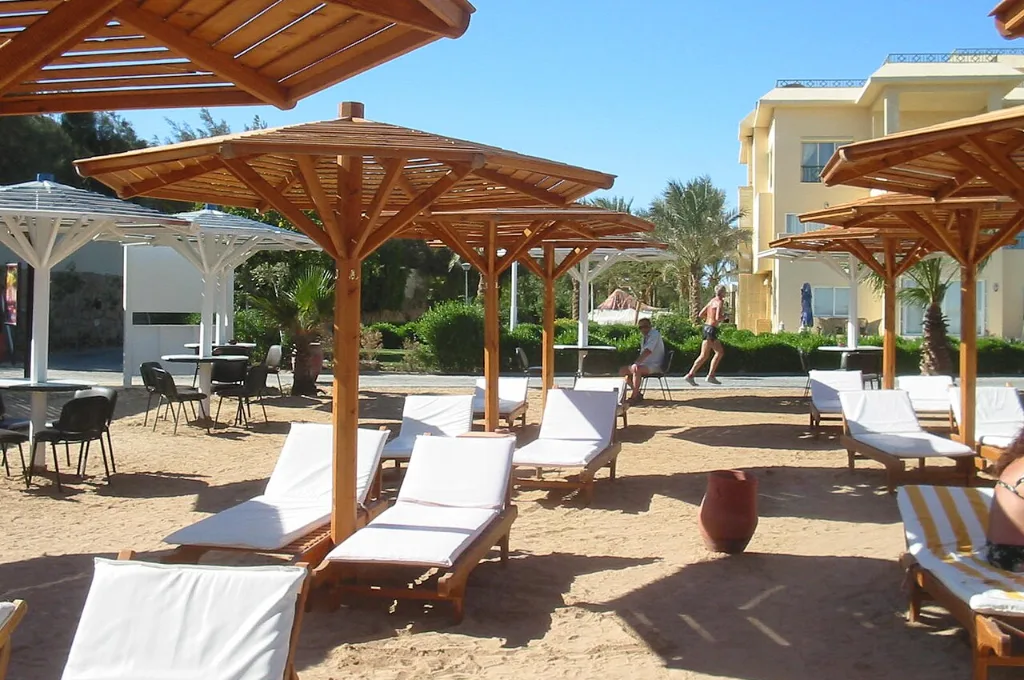 All Saints' Day holiday in Egypt: sun loungers and thatched umbrellas on a Hurghada beach by the Red Sea