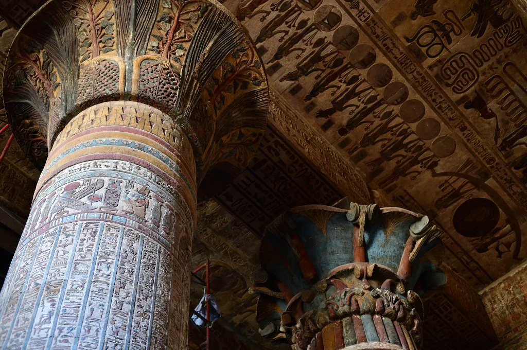 Christmas Eve on a Nile cruise: painted column of the Temple of Khnum at Esna, a common overnight stop