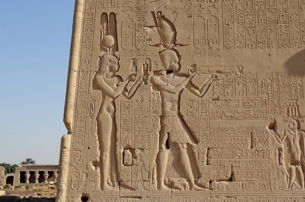 Cleopatra and Caesarion relief on the outer wall of the Temple of Hathor Dendera