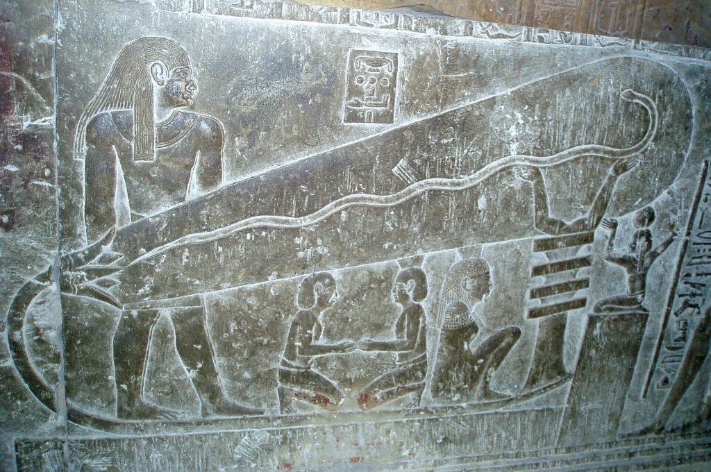 Close view of the Dendera bulb relief carved on a crypt wall of the Temple of Hathor
