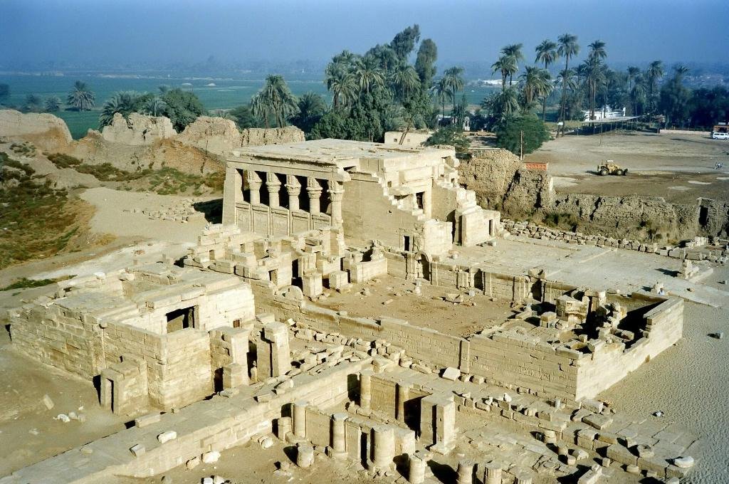Aerial view of the Temple of Hathor enclosure at Dendera near Luxor, home of the ancient Egyptian Dendera zodiac