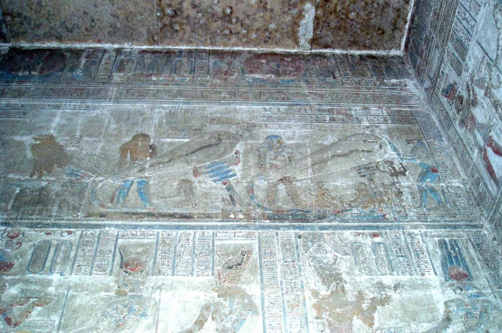 Painted relief scenes inside the Dendera temple complex, part of the Dendera lights story