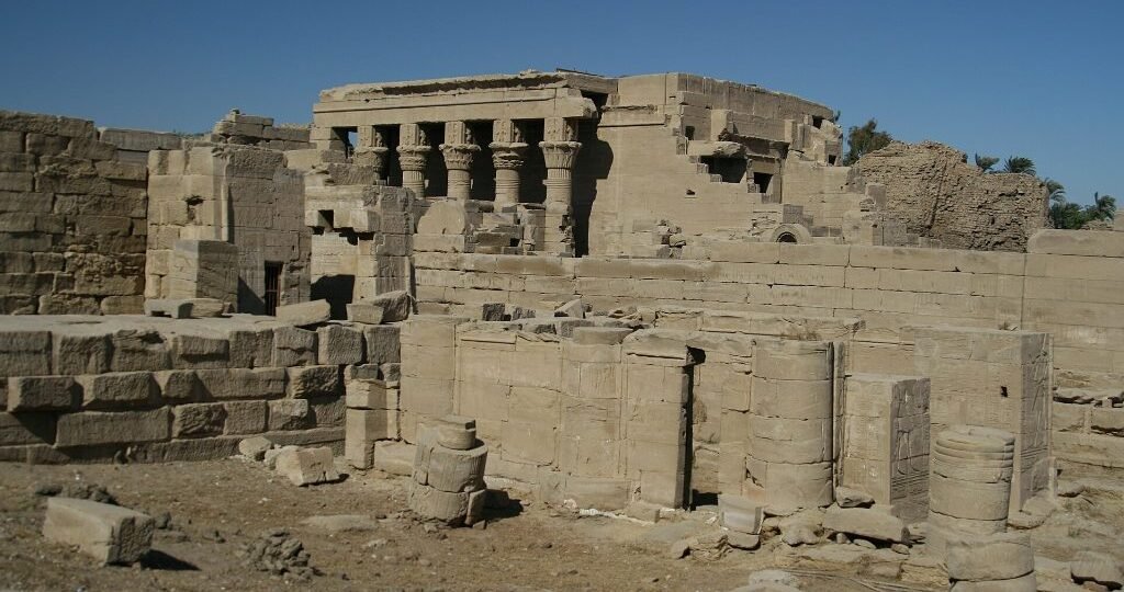Colonnaded buildings inside the Dendera temple in Egypt enclosure near Qena