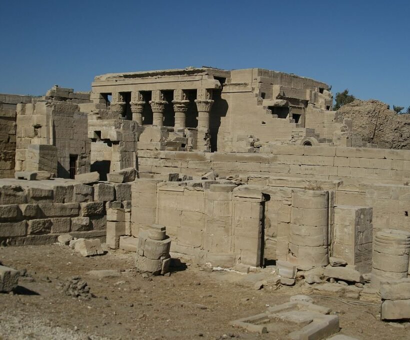 Colonnaded buildings inside the Dendera temple in Egypt enclosure near Qena