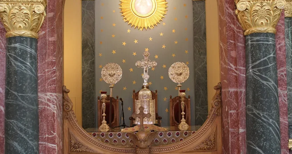 Egypt celebrate Christmas: gilded iconostasis inside the Church of Saint George in Coptic Cairo