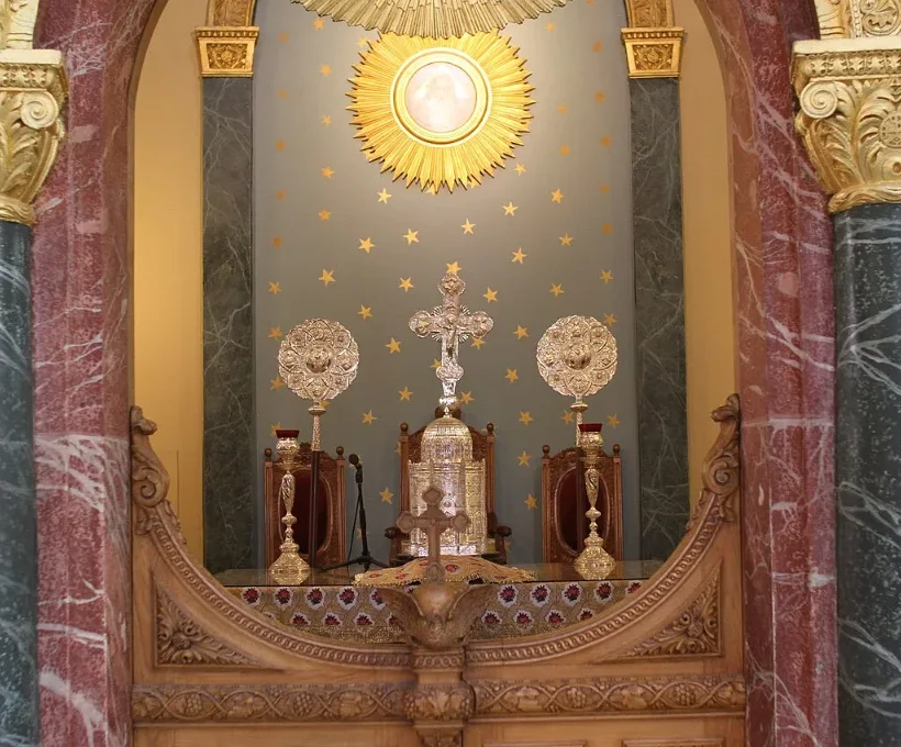 Egypt celebrate Christmas: gilded iconostasis inside the Church of Saint George in Coptic Cairo