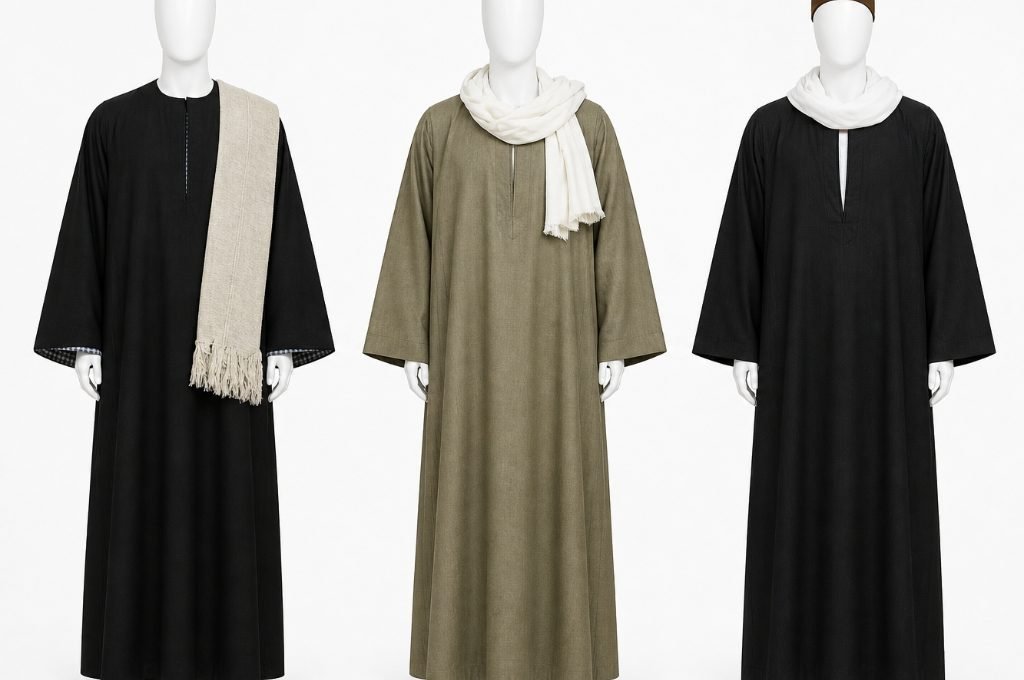 Egyptian traditional clothes: three galabeya styles in black and olive cotton with scarves